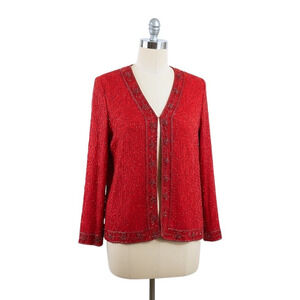 Krishma Red Silk Beaded Jacket Size 2X Formal Evening Open Front